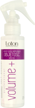 Loton Volume Spray 125ml, biała butelka z fioletową etykietą, do objętości włosów, widok frontalny.
