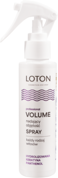 Loton Volume Spray z keratyną i pantenolem, biała butelka z fioletowymi falami, widok z przodu.