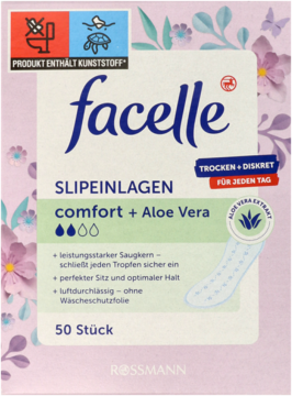 Facelle wkładki higieniczne comfort Aloe Vera, 50 sztuk, oddychające, białe opakowanie z fioletowymi kwiatami.