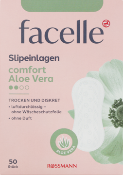 Różowe opakowanie wkładek higienicznych facelle comfort Aloe Vera, 50 sztuk, z zielonym logo aloesu, widok z przodu.