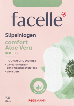 Różowe opakowanie Facelle Slipeinlagen Comfort Aloe Vera 50 sztuk, z białymi wkładkami i zielonym logo aloesu, widok z przodu.