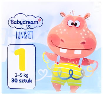 Front opakowania pieluszek jednorazowych Babydream Fun&Fit rozmiar 1 (2-5 kg) z kreskówkowym różowym hipopotamem.