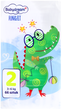 Opakowanie pieluszek Babydream Fun&Fit rozmiar 2, z zielonym krokodylem w okularach, 3-6 kg, 66 sztuk.