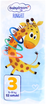 Babydream Fun&Fit pieluszki rozmiar 3 (5-9 kg), opakowanie z żółtą żyrafą, kolorowe hula-hoop, 52 sztuki.