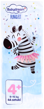 Babydream Fun&Fit pieluszki 4+ (9-15kg) 44 sztuki, jasnoniebieskie opakowanie z tańczącą zebrą.