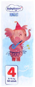 Opakowanie pieluszek Babydream Fun&Fit r. 4 (8-14kg) z wesołym różowym słoniem w czapce urodzinowej, przód.