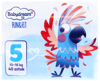 Babydream Fun&Fit pieluszki rozmiar 5 (10-16kg), opakowanie z niebieską papugą i logo, widok z przodu.