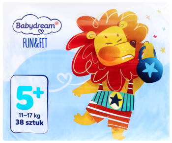 Pieluszki Babydream Fun&Fit 5+, 38 sztuk, 11-17 kg. Opakowanie z wesołym lwem i niebieską hantlą.