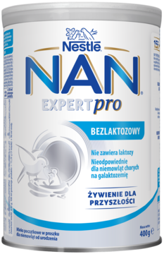 Biała puszka mleka modyfikowanego Nestle NAN EXPERTpro Bezlaktozowy dla niemowląt, widok z przodu, 400g.
