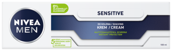 Nivea Men Sensitive, bezalkoholowy krem do golenia w białym pudełku, widok z przodu, z niebieskim logiem.