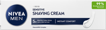 Widok z przodu NIVEA MEN Sensitive Krem do Golenia, na białym tle, 99% biodegradowalna formuła.