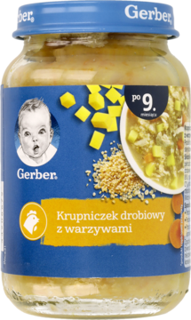 Słoiczek Gerber Krupniczek drobiowy z warzywami, dla niemowląt po 9. miesiącu, z niebieską etykietą i grafiką zupy.