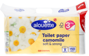 Alouette Kamille papier toaletowy rumiankowy 3-warstwowy, 8 szt. w foliowym opakowaniu z rumiankami, widok z przodu.