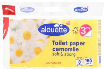 Alouette papier toaletowy rumiankowy, 3-warstwowy, 8 sztuk. Białe opakowanie z kwiatami rumianku i logo Alouette.