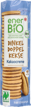Niebieskie opakowanie enerBiO Dinkel Doppel Kekse Kakaocreme, widok z przodu, orkiszowe ciastka z kremem kakaowym.