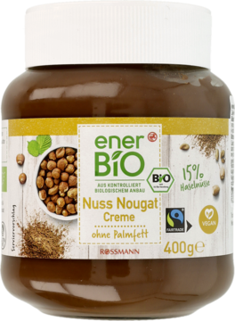 EnerBiO krem orzechowo-nugatowy z 15% orzechów laskowych, bez oleju palmowego, w szklanym słoiku, widok z przodu.