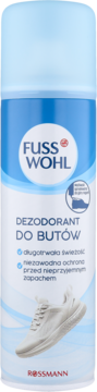 Fusswohl Dezodorant do butów w biało-niebieskiej metalowej puszce, z grafiką białego buta. Zapewnia świeżość i ochronę. Widok z przodu.