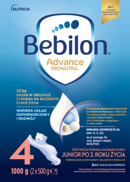 Bebilon 4 Advance Pronutra, mleko junior po 2. roku wspierające odporność, niebieskie opakowanie 1000g, widok z przodu.