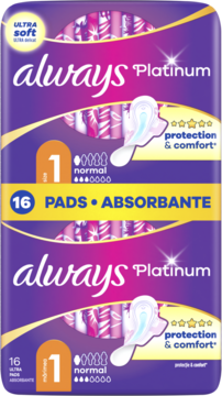 always Platinum Normal (rozmiar 1) podpaski, fioletowe podwójne opakowanie, 16 sztuk, Ultra Soft.