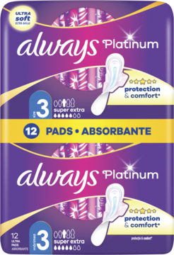 Dwa fioletowo-żółte opakowania podpasek Always Platinum Super Extra rozmiar 3, 12 szt., widok z przodu.