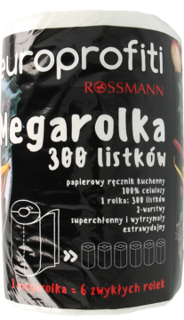 Rossmann Megarolka, duży papierowy ręcznik kuchenny 300 listków w folii, widok z przodu, lekko pod kątem.