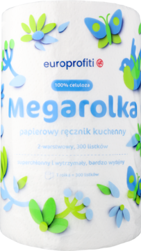 Biały ręcznik kuchenny Europrofiti Megarolka, 2-warstwowy, z niebieskimi motylami i kwiatami, widok z przodu.