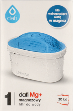 Białe opakowanie filtra wody Dafi Mg+ z wizerunkiem niebieskiego wkładu, wzbogacającego wodę w magnez.