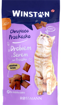 Winston Chrupki z drobiem i serem, fioletowa paczka dla kota z rudym kotem, smaczkami i tauryną, widok z przodu.
