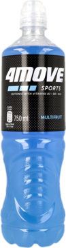 4move Sports Isotonic Multifruit Drink 750ml, niebieska ergonomiczna butelka z czarną etykietą, widok z przodu.