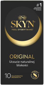 Czarne pudełko prezerwatyw SKYN Original 10 sztuk, nielateksowe, ze złotym logo i tekstem, widok z przodu.