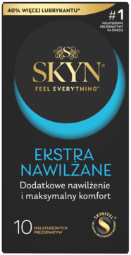 Czarne opakowanie SKYN Ekstra Nawilżane nielateksowe prezerwatywy, 10 sztuk, z błękitnym wzorem.