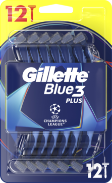 Niebieskie opakowanie 12 męskich maszynek jednorazowych Gillette Blue3 Plus z logo Ligi Mistrzów, widok z przodu.
