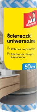 Żółte opakowanie ściereczek uniwersalnych Jan Niezbędny 50 szt. na tle niebieskiej rolki z wzorem.