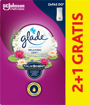 Purpurowe opakowanie Glade Relaxing Zen mini spray 2+1 gratis, z kwiatami i dyspenserem, widok z przodu.