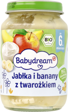 Słoik przecieru Babydream Jabłka i banany z twarożkiem, zielona zakrętka, na etykiecie owoce, widok z przodu.