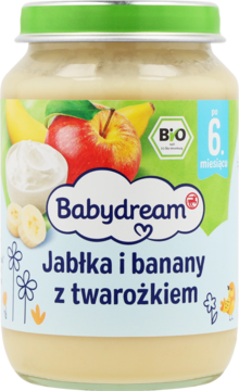 Babydream przecier jabłkowo-bananowy z twarożkiem w słoiczku. Zielona nakrętka, etykieta z owocami i logo BIO.