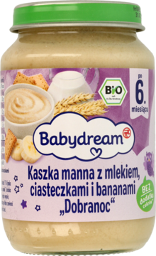 Babydream kaszka manna z mlekiem, ciasteczkami i bananami BIO „Dobranoc” w szklanym słoiczku, widok z przodu.