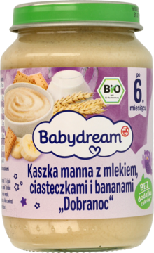 Babydream kaszka manna z mlekiem, ciasteczkami i bananami BIO „Dobranoc” w szklanym słoiczku, widok z przodu.