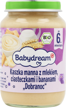 Słoiczek Babydream bio kaszka manna z mlekiem, ciasteczkami i bananami. Fioletowa etykieta, miseczka, zboże.