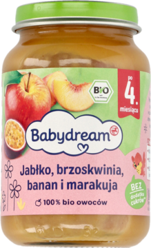 Babydream przecier owocowy jabłko, brzoskwinia, marakuja w słoiczku, dla niemowląt po 4 miesiącu, widok z przodu.