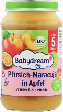 Słoiczek Babydream z przecierem jabłko, brzoskwinia, marakuja BIO, bez cukru, od 5. miesiąca, widok z przodu.