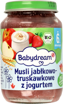 Słoiczek Babydream Musli jabłkowo-truskawkowe z jogurtem BIO, dla niemowląt od 6 mies., z zieloną nakrętką.