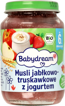 Słoiczek Babydream Musli jabłkowo-truskawkowe z jogurtem BIO, dla niemowląt od 6 mies., z zieloną nakrętką.