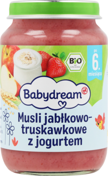 Słoiczek Babydream Musli jabłkowo-truskawkowe z jogurtem, różowe puree, zielona zakrętka, etykieta z owocami.