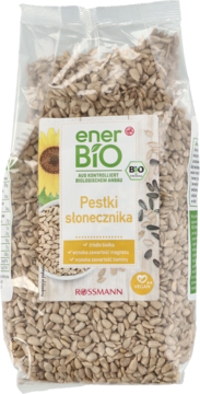EnerBiO Pestki słonecznika Rossmann BIO w przezroczystej, pełnej torbie. Widok z przodu, widoczna zielona etykieta.