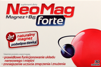 Białe opakowanie NeoMag Magnez+B6 forte, suplementu diety z magnezem i B6. Redukuje zmęczenie. Widok frontalny.