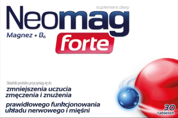 Białe opakowanie suplementu diety Neomag forte Magnez + B6, wspiera układ nerwowy i mięśnie, redukuje zmęczenie. 30 tabletek.