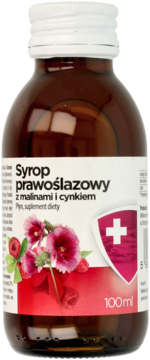Brązowa butelka syropu prawoślazowego z malinami i cynkiem 100ml, widok z przodu, z etykietą, malinami i tarczą.