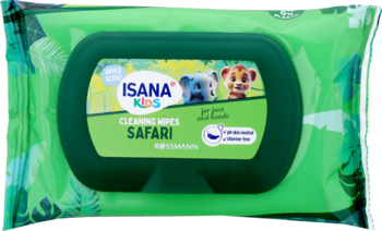 ISANA KIDS Safari chusteczki nawilżane z aloesem, zielone opakowanie z rysunkami zwierząt, widok z przodu.