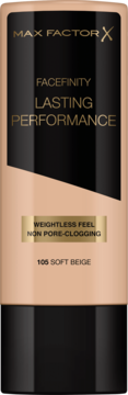 Podkład Max Factor Facefinity Lasting Performance 105 Soft Beige, beżowa butelka, widok z przodu.